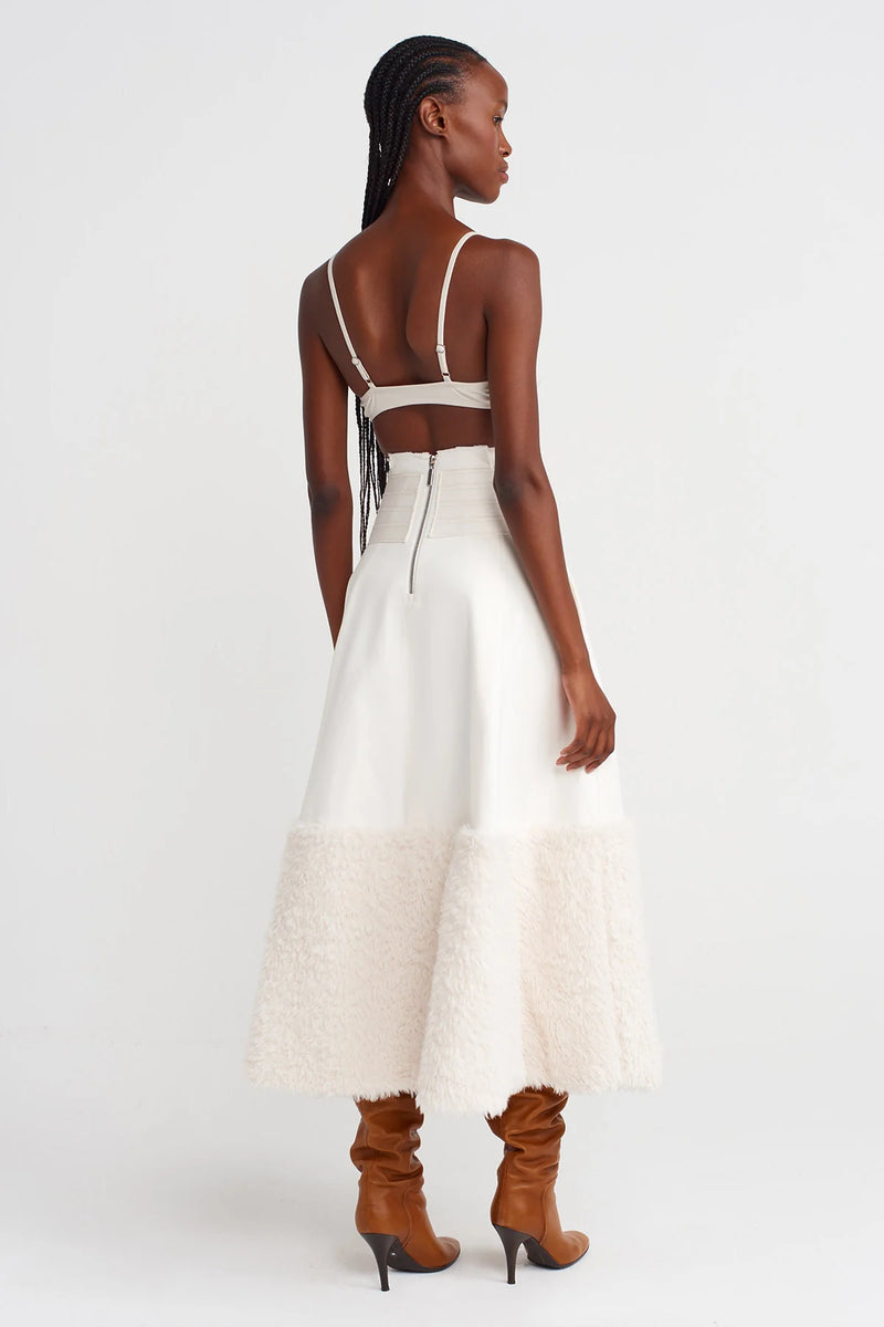 NU Multi-Belted Denim-Fur Combination Skirt Off White