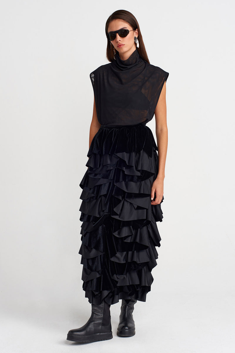 Nu Ruffled Velvet Midi Skirt Black