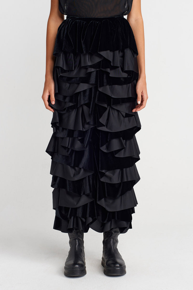 Nu Ruffled Velvet Midi Skirt Black