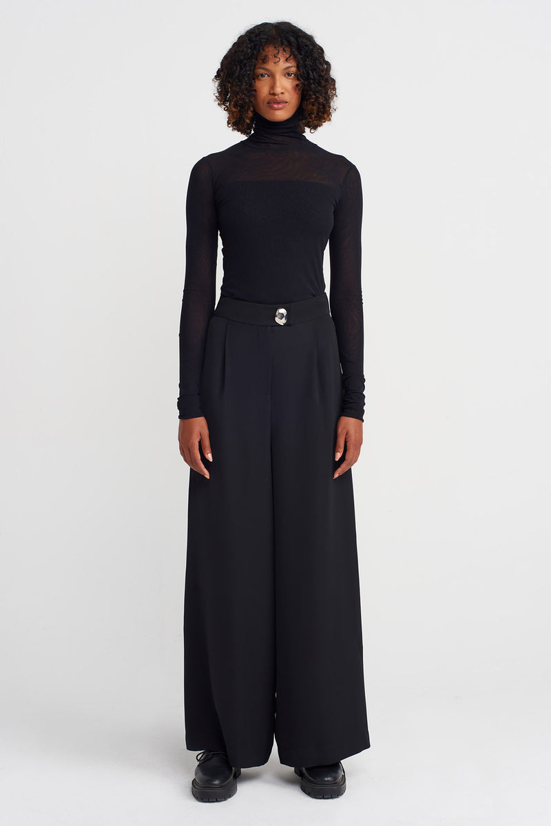 Nu High-Waisted Silver Button Palazzo Trousers Black