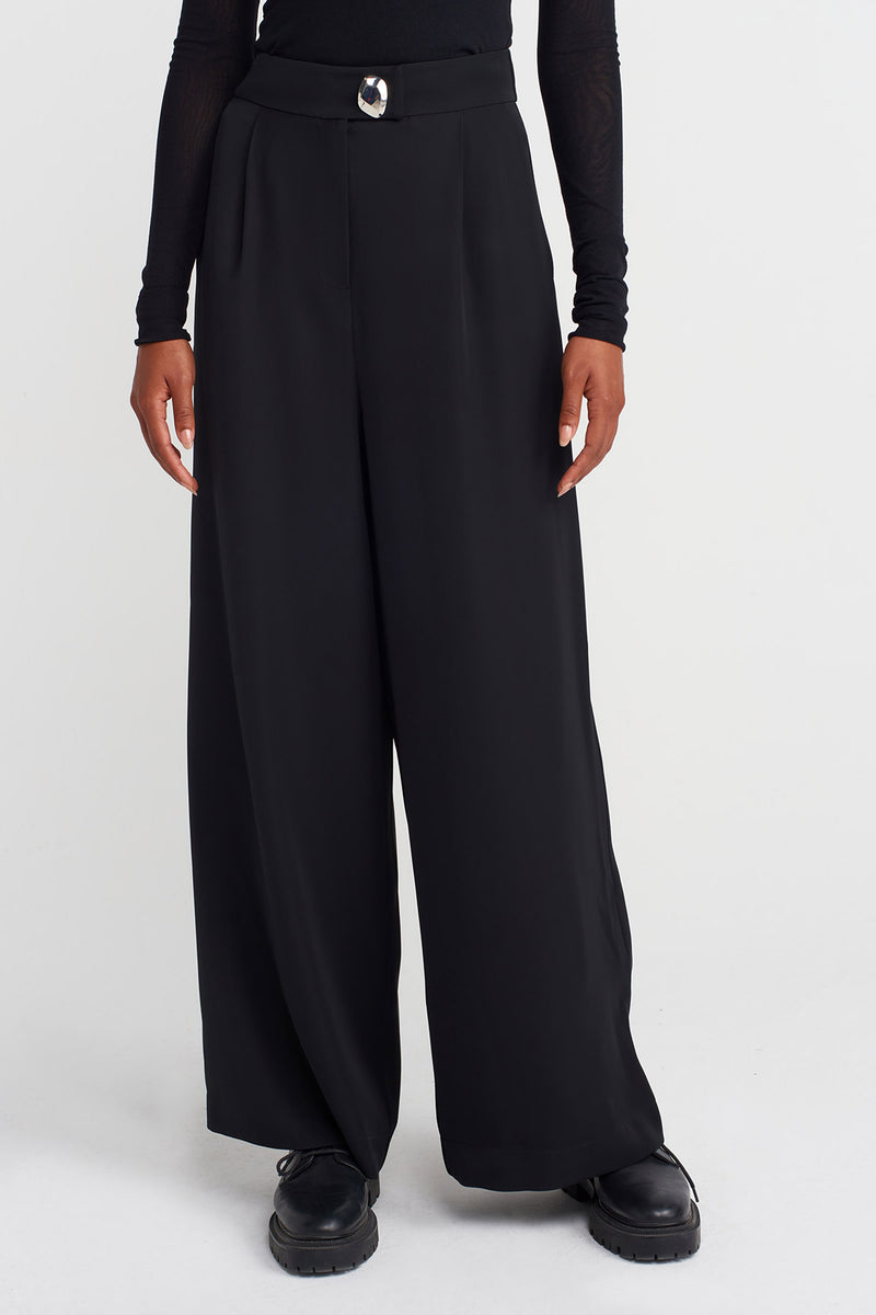 Nu High-Waisted Silver Button Palazzo Trousers Black