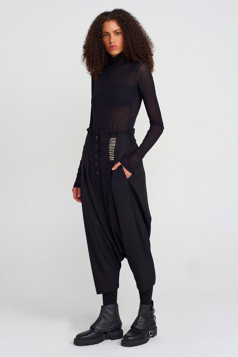 Nu Stitch Detail Buttoned Harem Pants Black