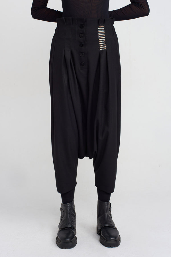 Nu Stitch Detail Buttoned Harem Pants Black