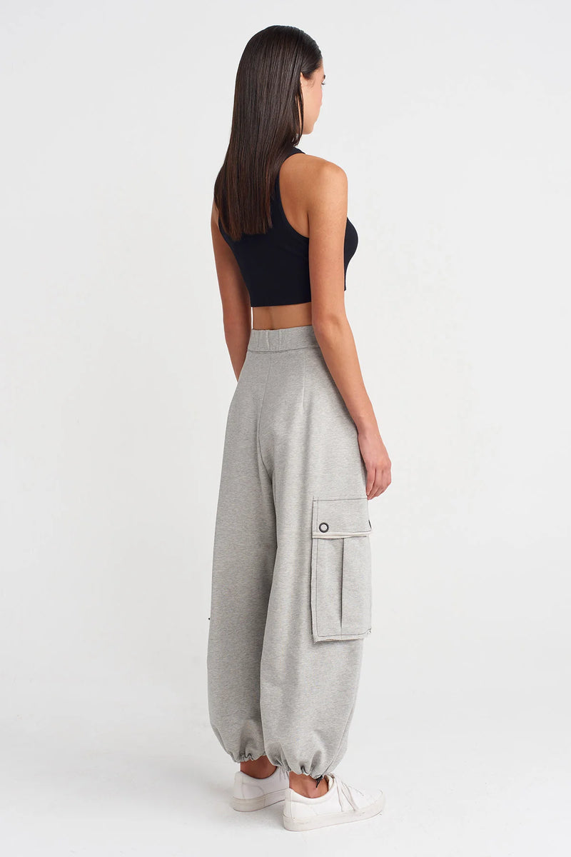 Nu Drawstring Hem Pants With Large Pockets Light Grey Melange