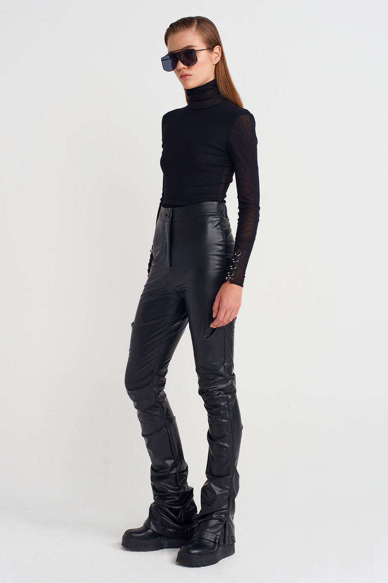 Nu Ruched Long Vegan Leather Trousers Black