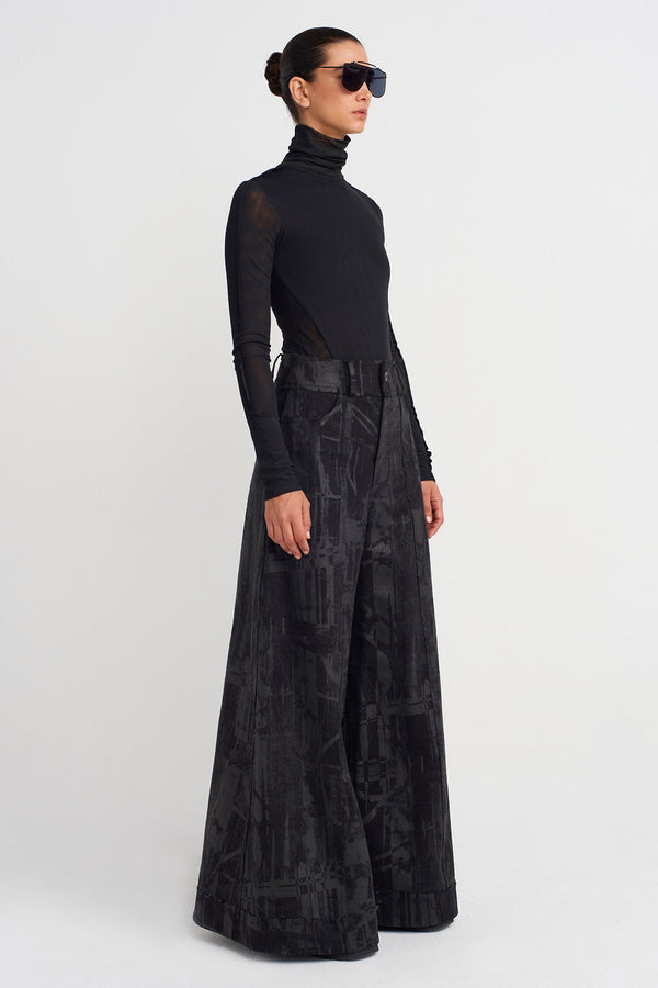 Nu Printed Wide-Leg Denim Trousers Black