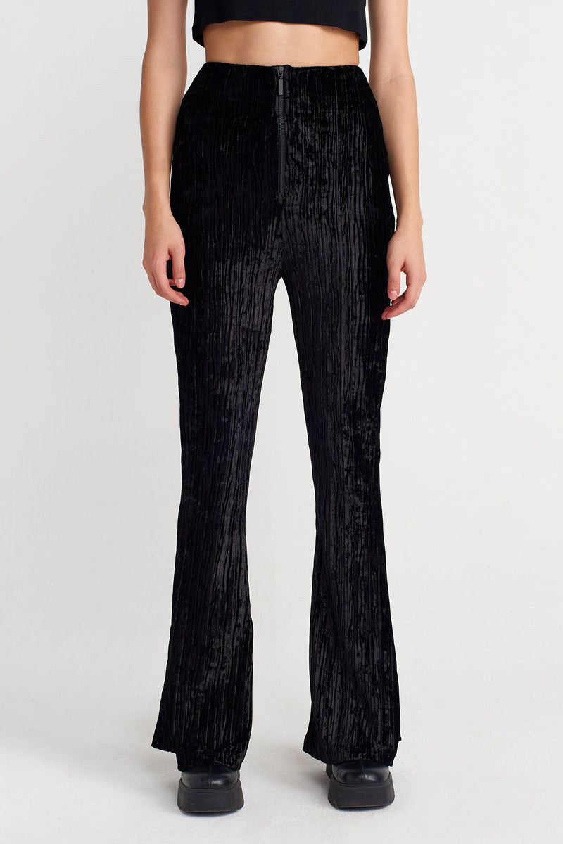 Nu Ribbed Crushed Velvet Flared Trousers Black
