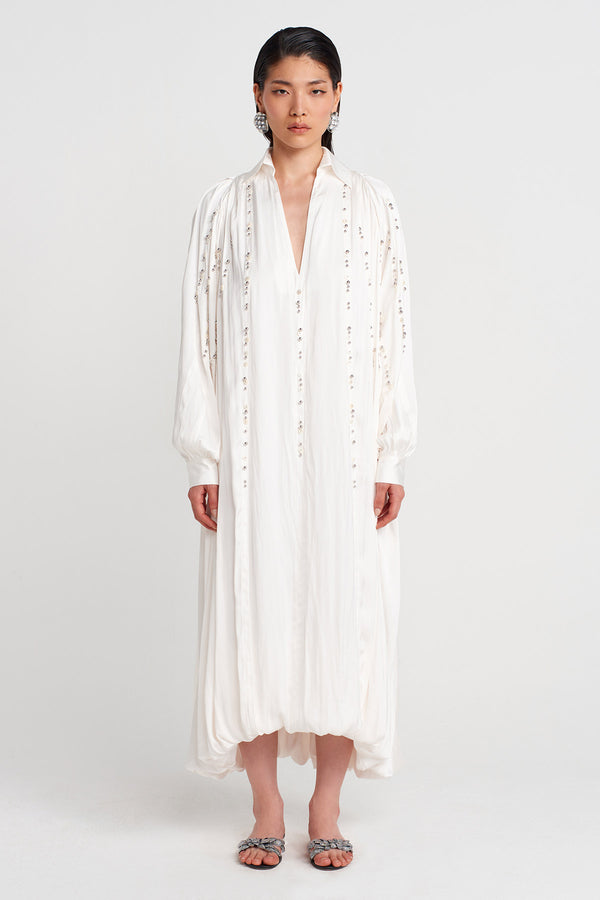 Nu Shirt Collar Embroidered Dress With Balloon Details Off White