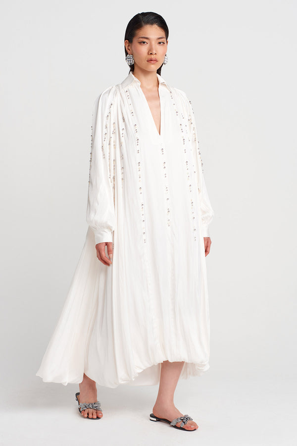 Nu Shirt Collar Embroidered Dress With Balloon Details Off White