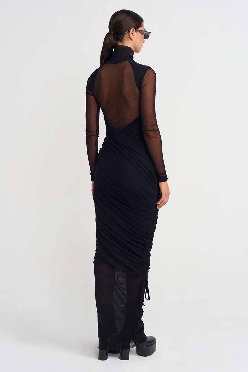 Nu Ruched Long Tulle Dress Black