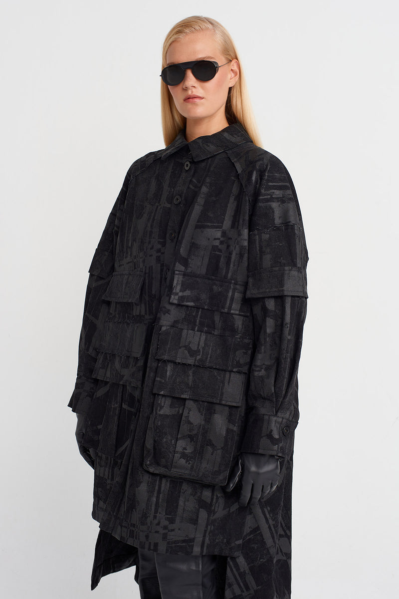 Nu Printed Oversized Shirt Dress Black