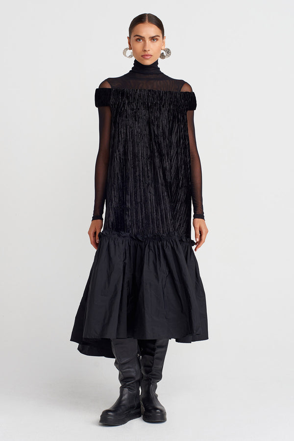 Nu Ribbed Velvet Off-Shoulder Flared Dress Black