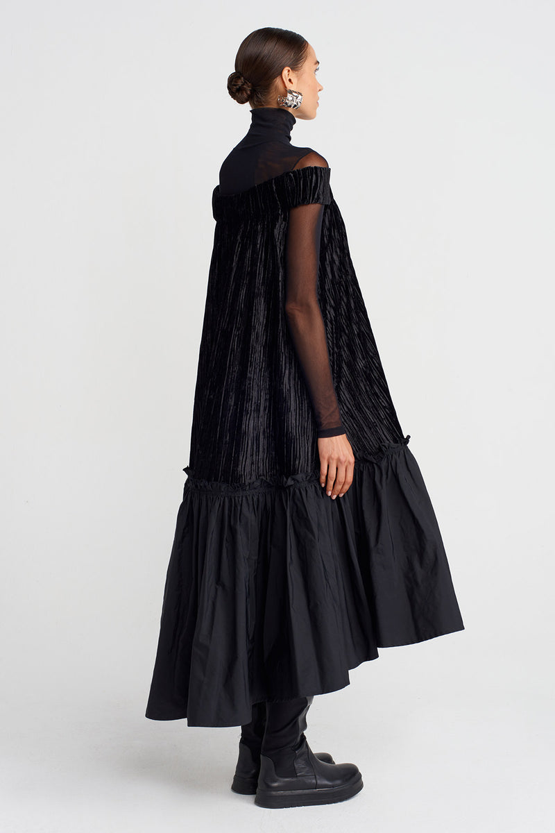 Nu Ribbed Velvet Off-Shoulder Flared Dress Black