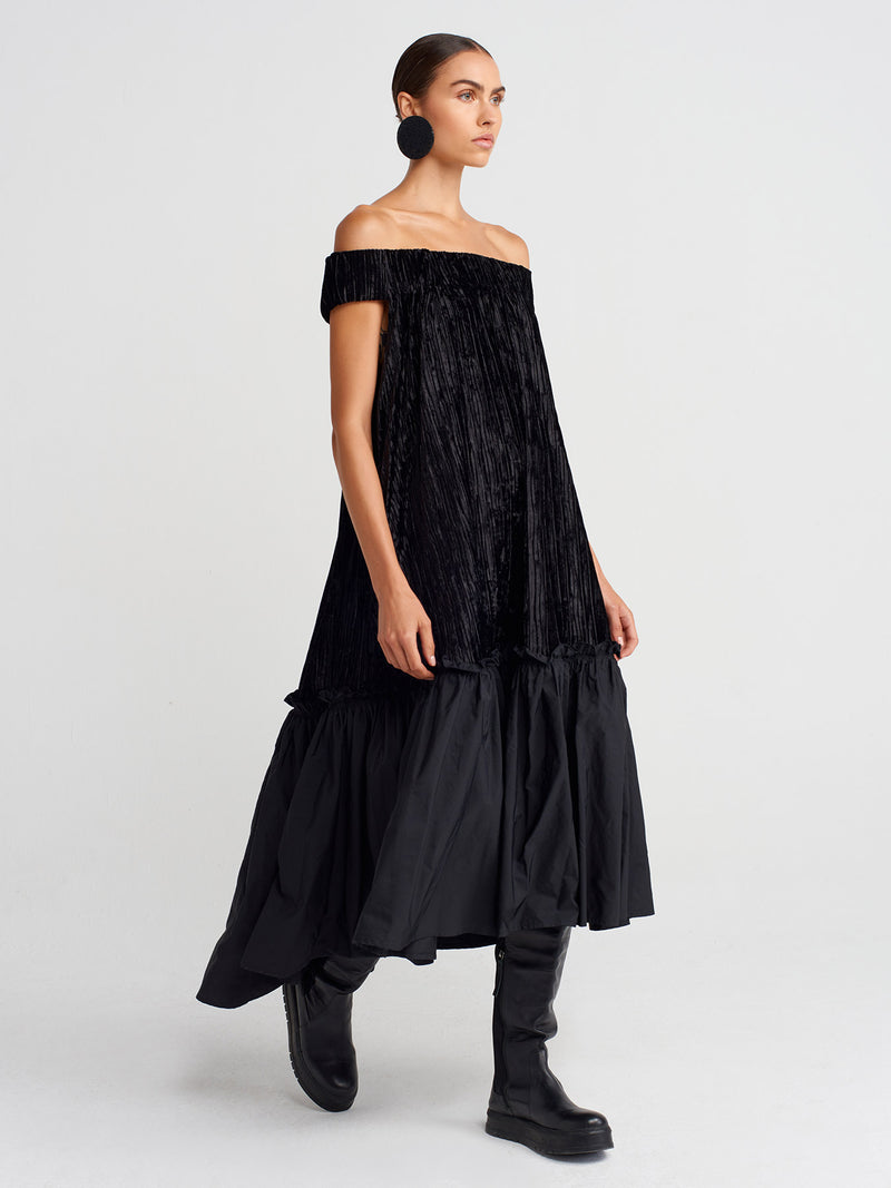 Nu Ribbed Velvet Off-Shoulder Flared Dress Black
