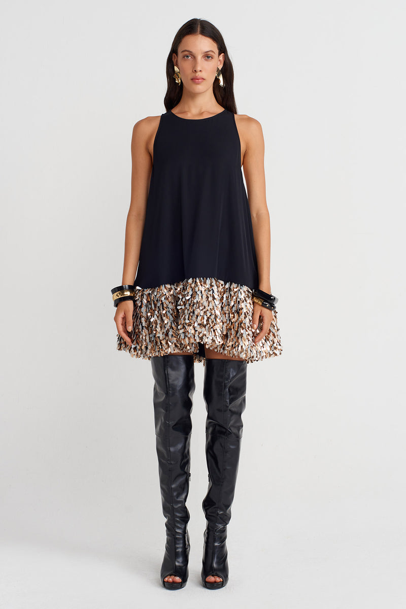 Nu Sequined Hem Halter Neck Mini Dress Black