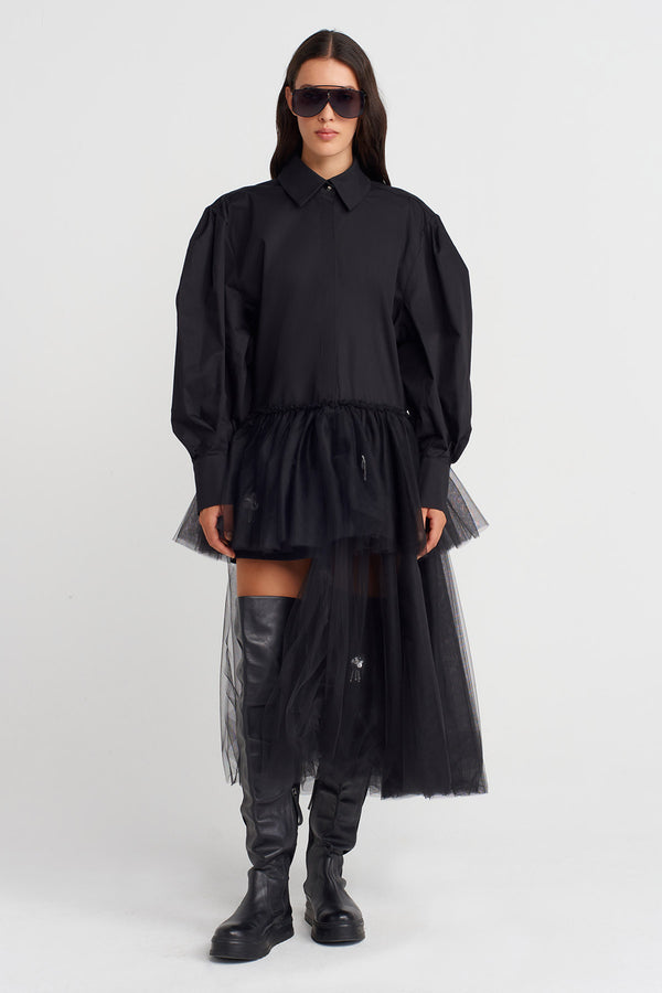 Nu Asymmetric Flared Hem Shirt Dress Black