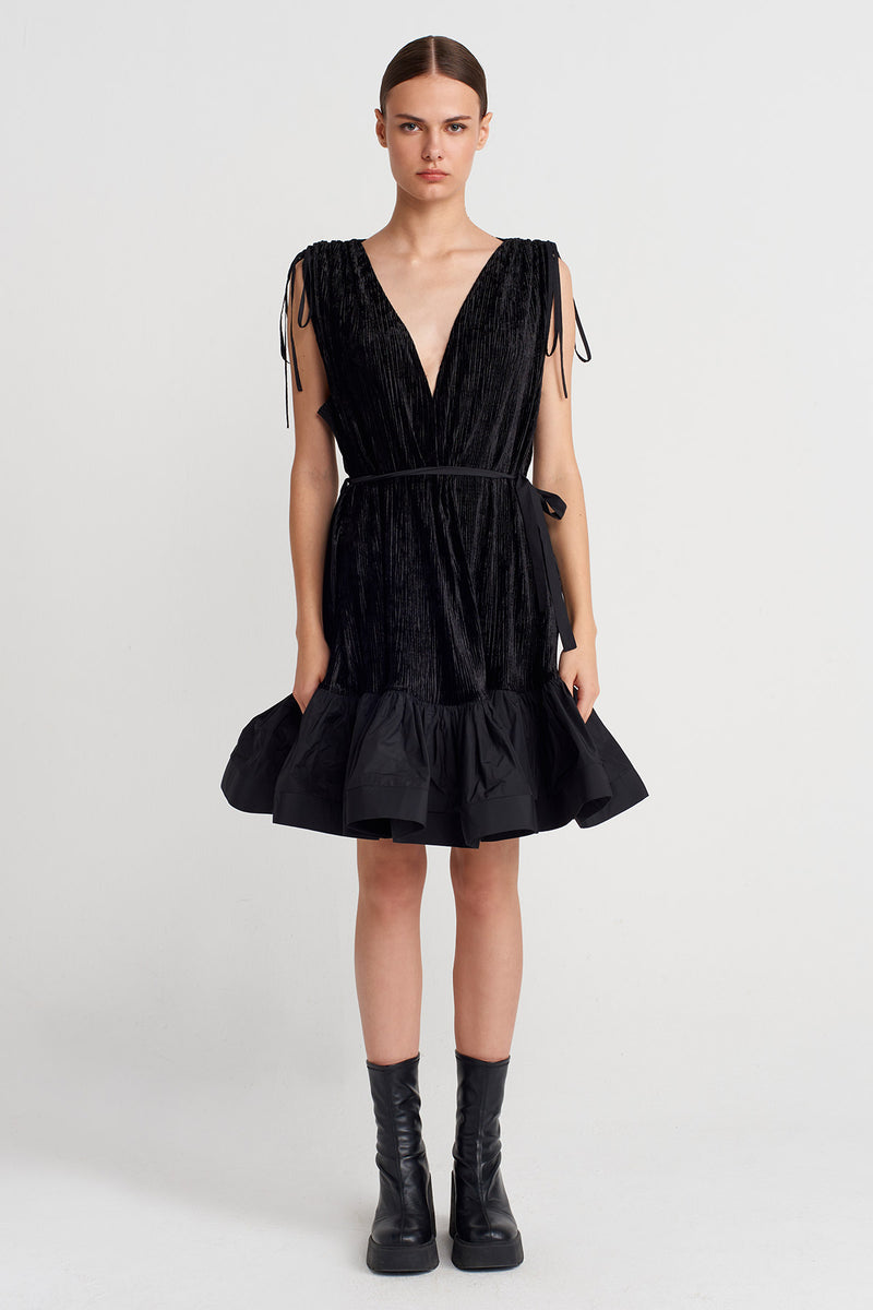 Nu Pleated Velvet Mini Dress With Taffeta Hem Black