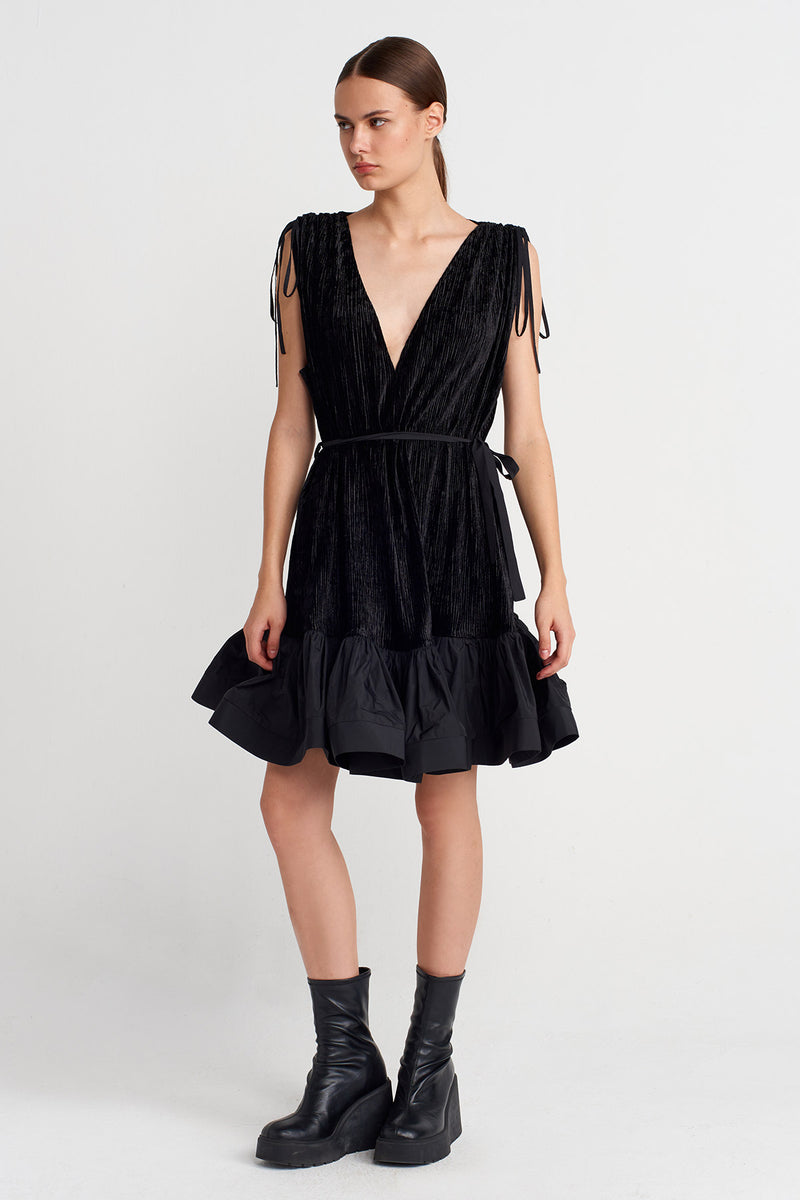 Nu Pleated Velvet Mini Dress With Taffeta Hem Black