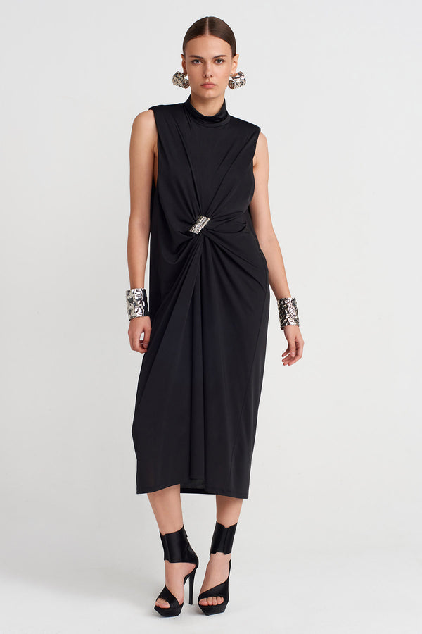 Nu Draped Dress With Metal Clasp Black