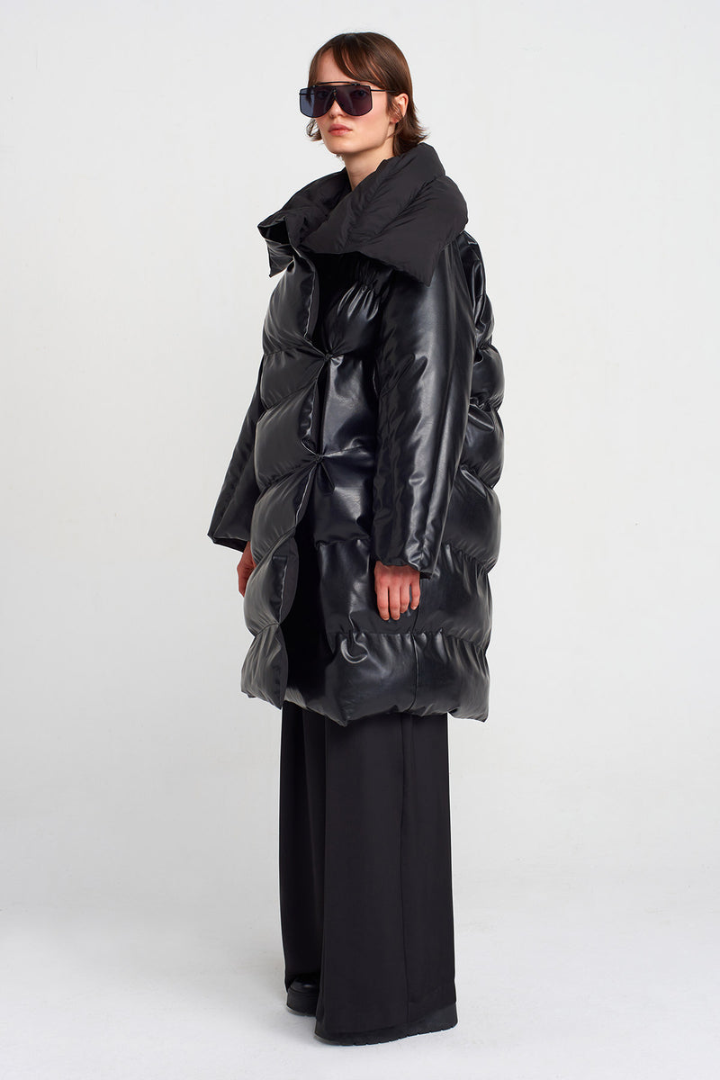 Nu Vegan Leather Puffer Coat Black