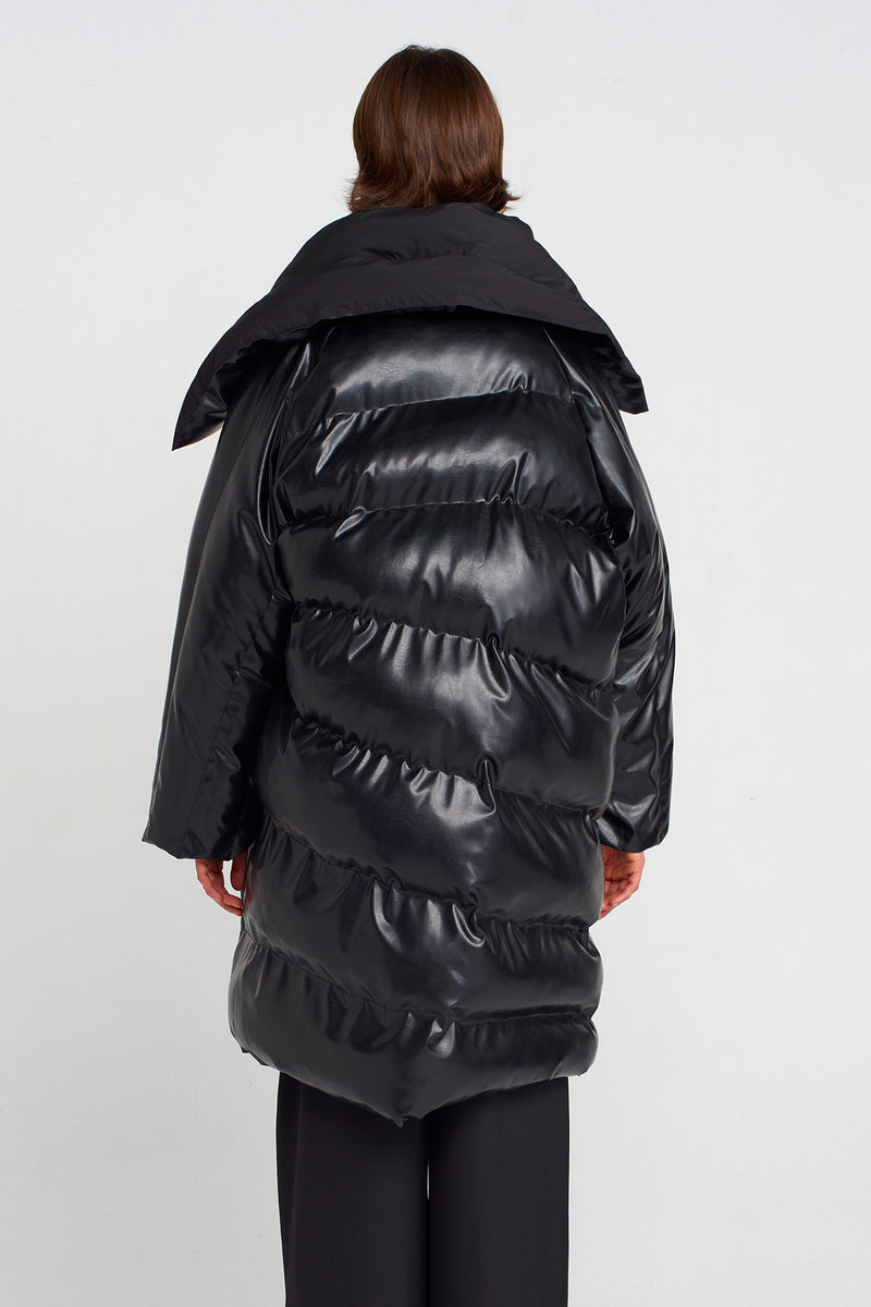 Nu Vegan Leather Puffer Coat Black