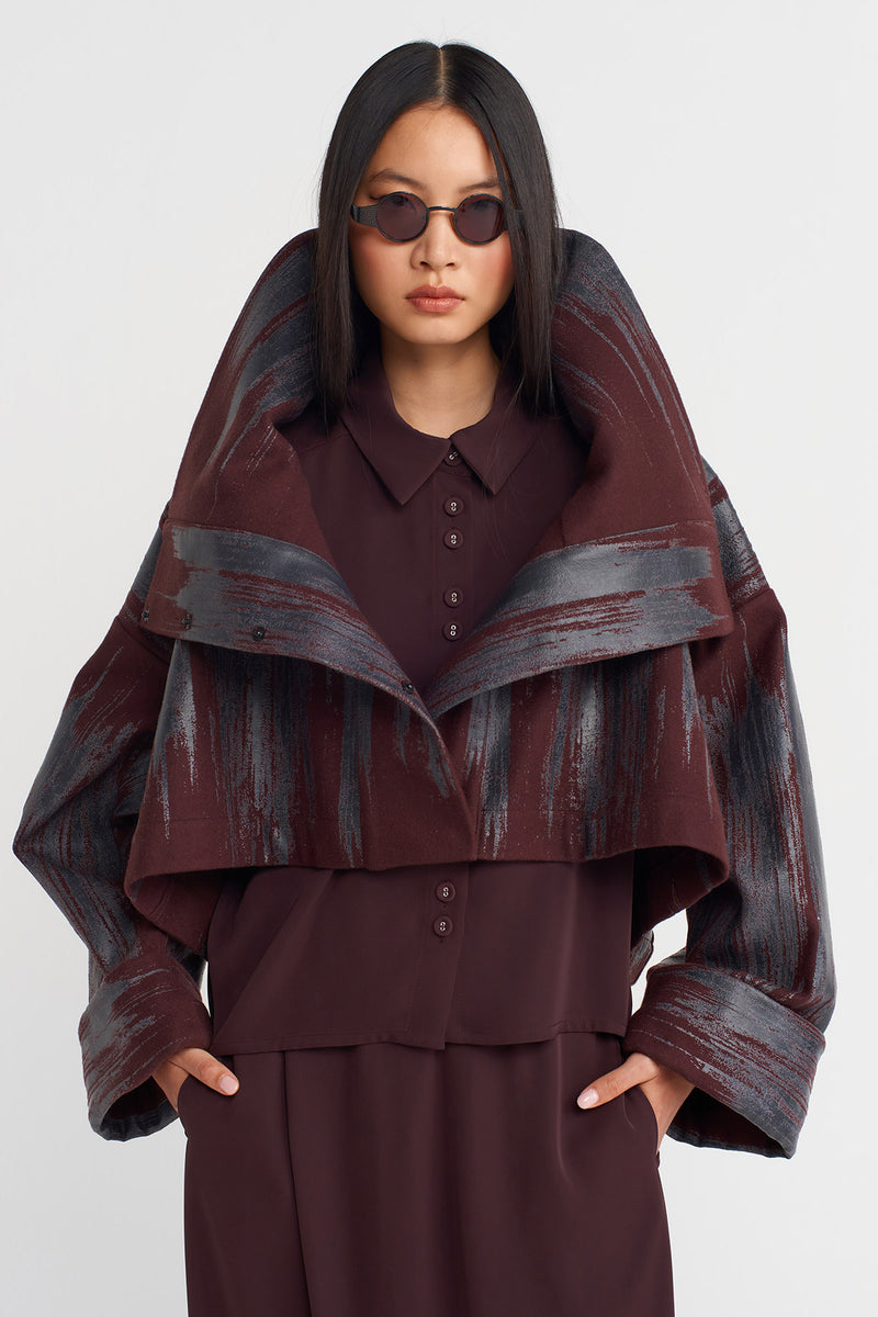 Nu Printed Jacket With Large Collar Eggplant