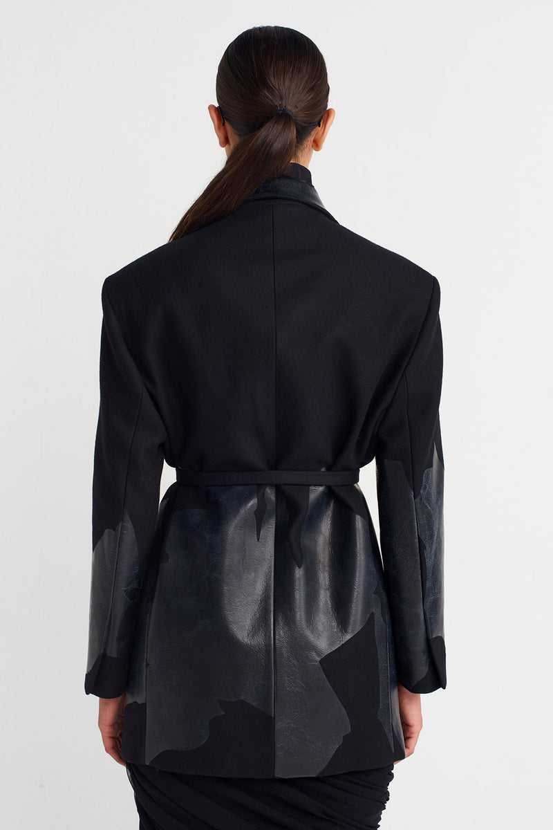 Nu Printed Tie-Waist Blazer Jacket Black