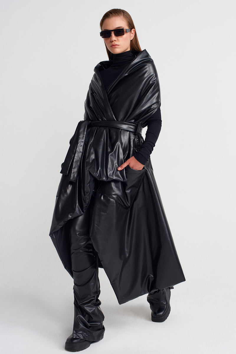 Nu Oversized Pocket Vegan Leather Vest Black