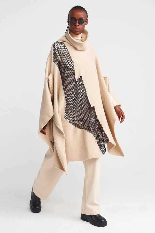 Nu Mesh Detailed Knit Poncho Natural