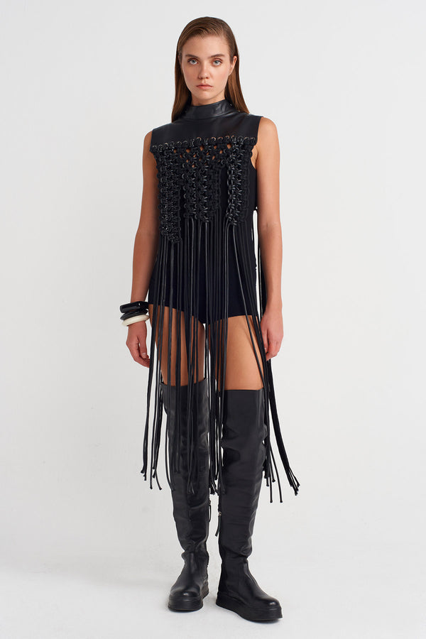 Nu Leather-Collar Macramé Fringe Shoulder Piece Black