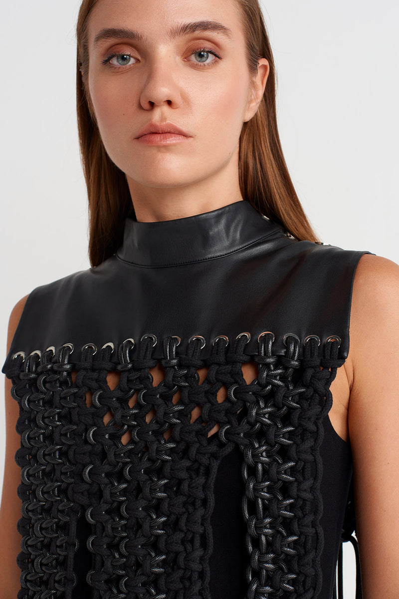 Nu Leather-Collar Macramé Fringe Shoulder Piece Black