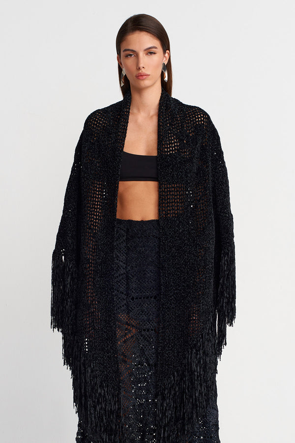 Nu Fringe Detailed Knitted Shawl Black