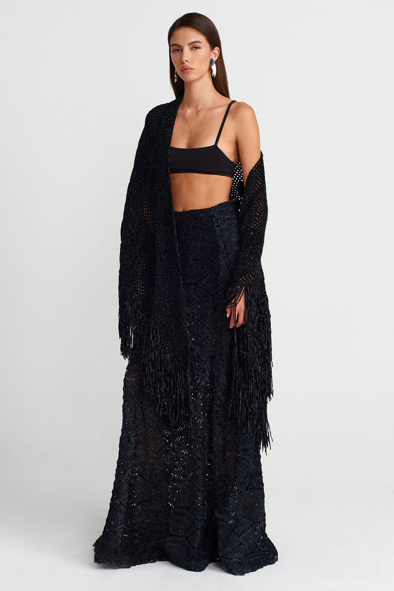 Nu Fringe Detailed Knitted Shawl Black