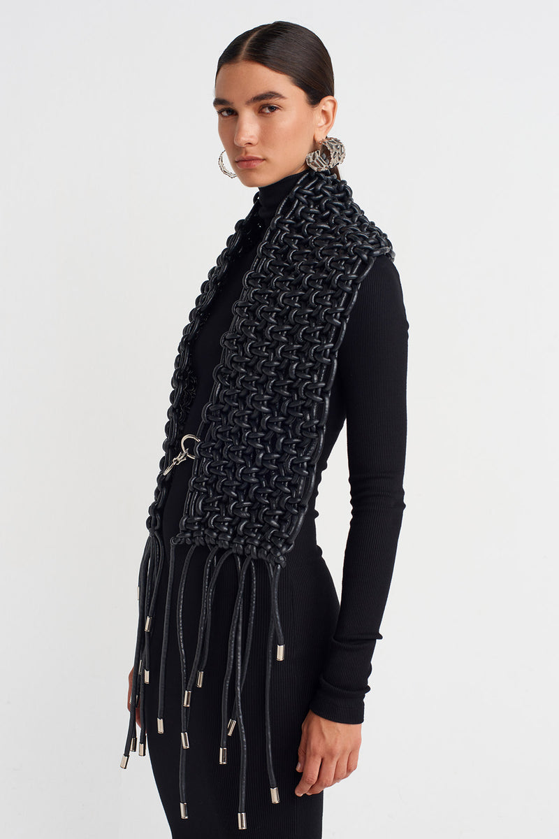Nu Macramé Shoulder Piece With Metal-Tipped Fringes Black