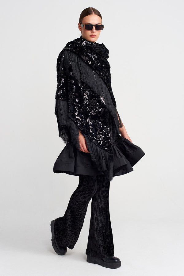 Nu Sequin Embroidered Shawl With Fringe Black