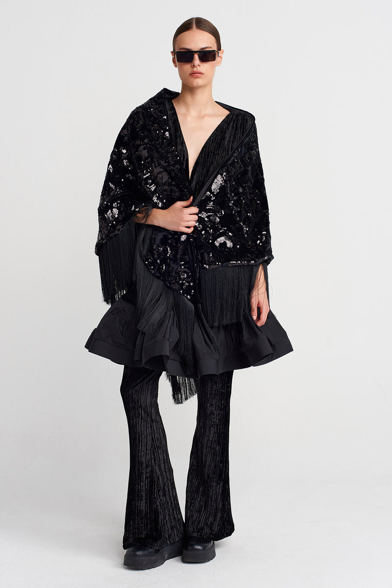 Nu Sequin Embroidered Shawl With Fringe Black
