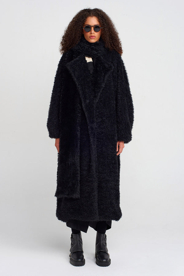 NU Furry Shawl Collar Coat Black