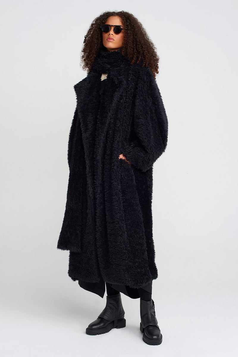 NU Furry Shawl Collar Coat Black