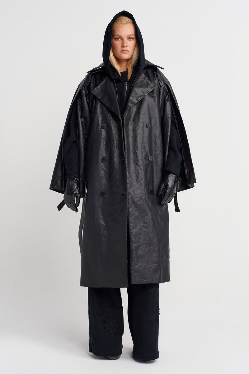 Nu Oversized Leather Trench Coat Black