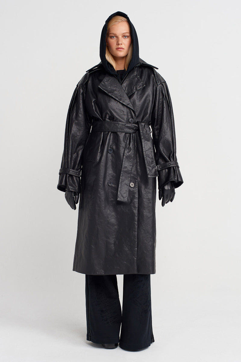 Nu Oversized Leather Trench Coat Black
