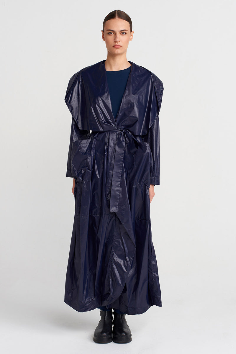 Nu Shiny Fabric Belted Long Coat Blue Night