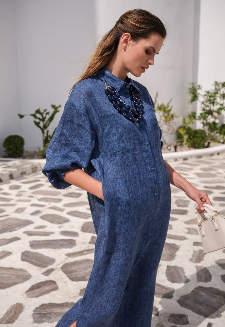 Choice Solid Patch Pockets Belted Shirt Dress Indigo