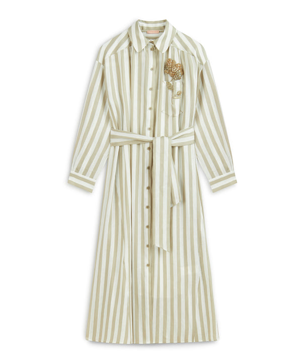 Machka Flower-Embroidered Striped Shirt Dress Stone