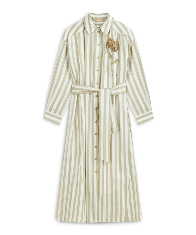 Machka Flower-Embroidered Striped Shirt Dress Stone