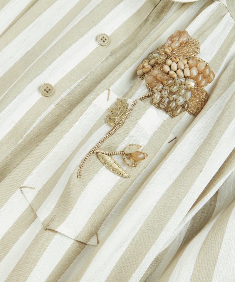 Machka Flower-Embroidered Striped Shirt Dress Stone