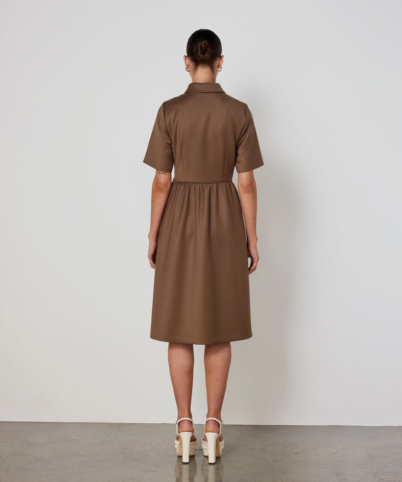 Machka Shirt-Collar Wool Dress Dark Beige