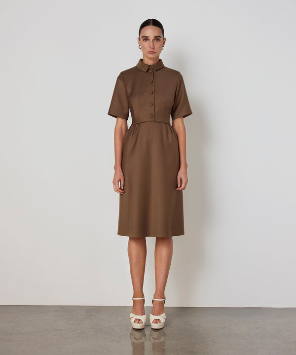 Machka Shirt-Collar Wool Dress Dark Beige