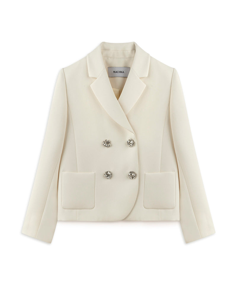Machka Crystal-Button Double-Breasted Blazer Ecru