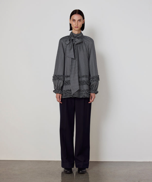 Machka Monogram Print Silk Blouse Navy