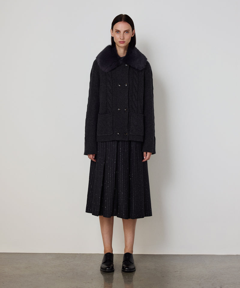 Machka Wool Cardigan With Faux Fur Anthracite - Black
